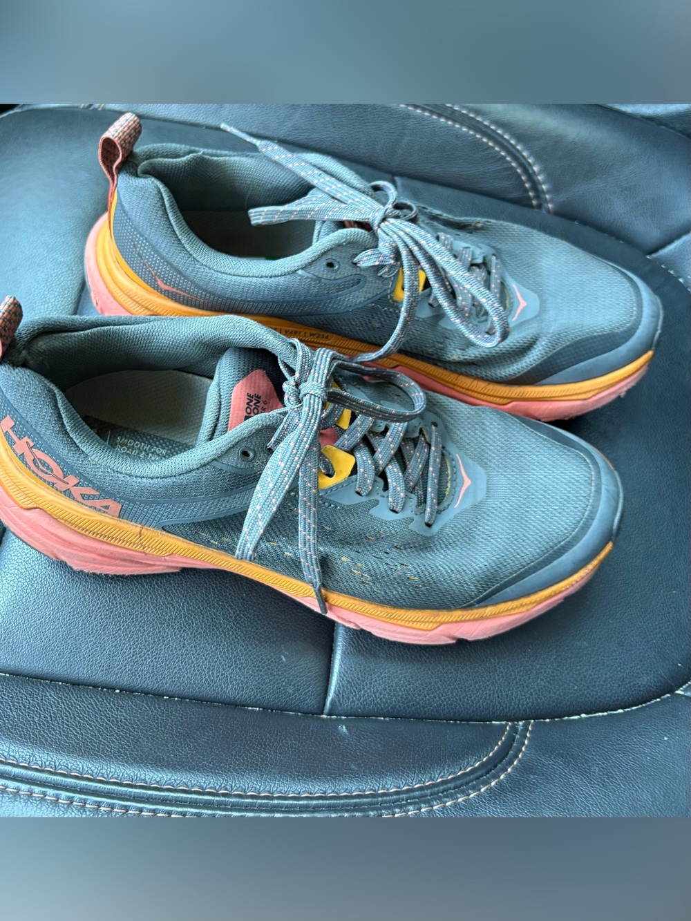Hoka Women’s one one Sneaker in Gray with Pink & Orange Accents Size 7.5